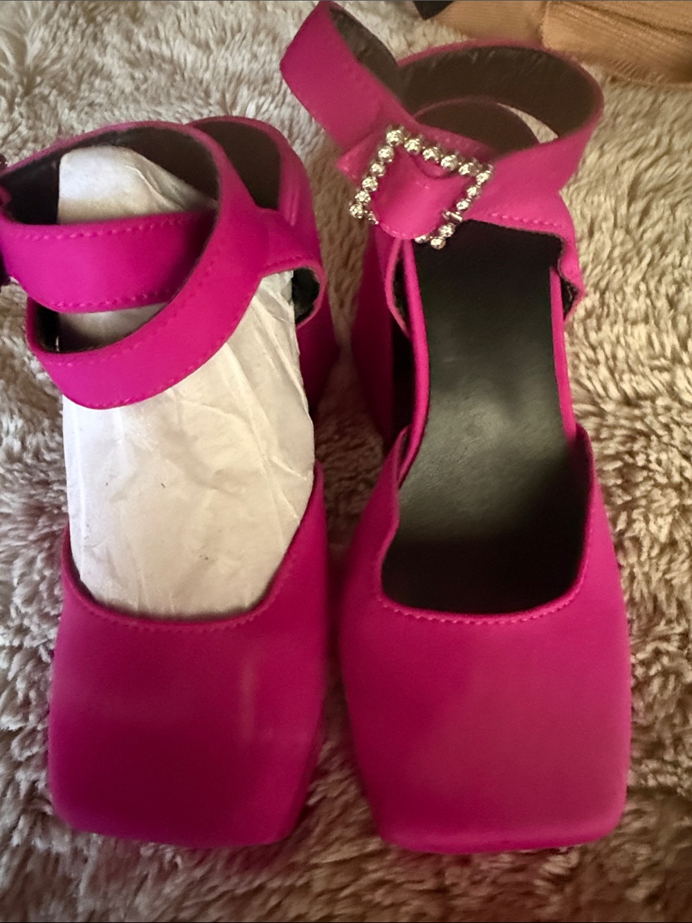 Women’s Hot Pink Square-Toe Ankle Strap Heels with Rhinestone Buckle